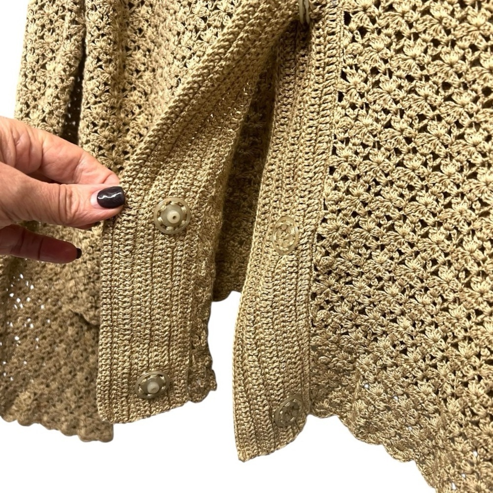 Sundance Tan Crochet Bohemian Snap Front Demure Cardigan Sweater Women’s XL - Picture 3 of 7